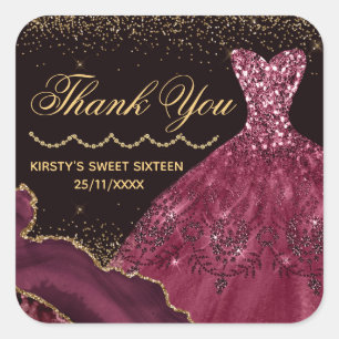 Burgundy Watercolor Glitter Dress & agate Sweet 16 Square Sticker