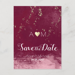 burgundy watercolor glitter love monogram wedding announcement postcard