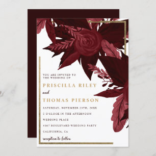 Burgundy watercolor gold fall floral wedding invitation