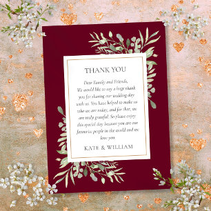 Burgundy Watercolor Greenery Wedding Thank You Place Card