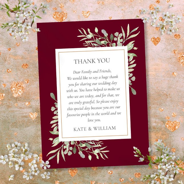 Burgundy Watercolor Greenery Wedding Thank You Place Card (Burgundy Watercolor Greenery Wedding Thank You Place Card)