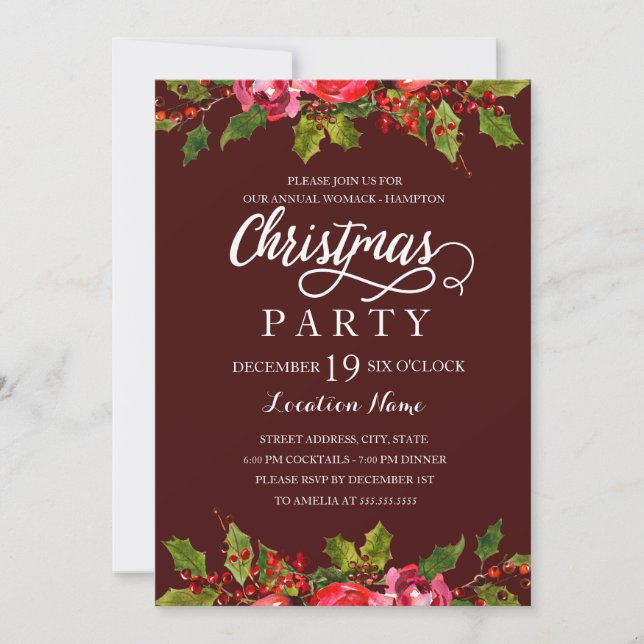 Burgundy Watercolor Holly Leaf Christmas Party Invitation (Front)