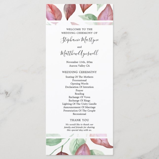 Burgundy Watercolor Leaf Foliage Wedding Ceremony Programme (Front)
