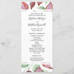 Burgundy Watercolor Leaf Foliage Wedding Ceremony Programme