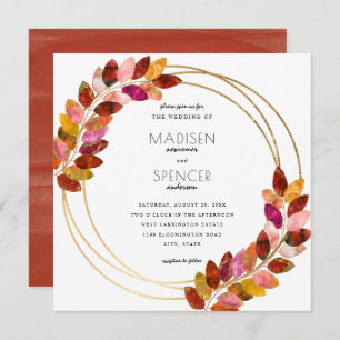 Burgundy Watercolor Leaves Gold Wedding Invitation