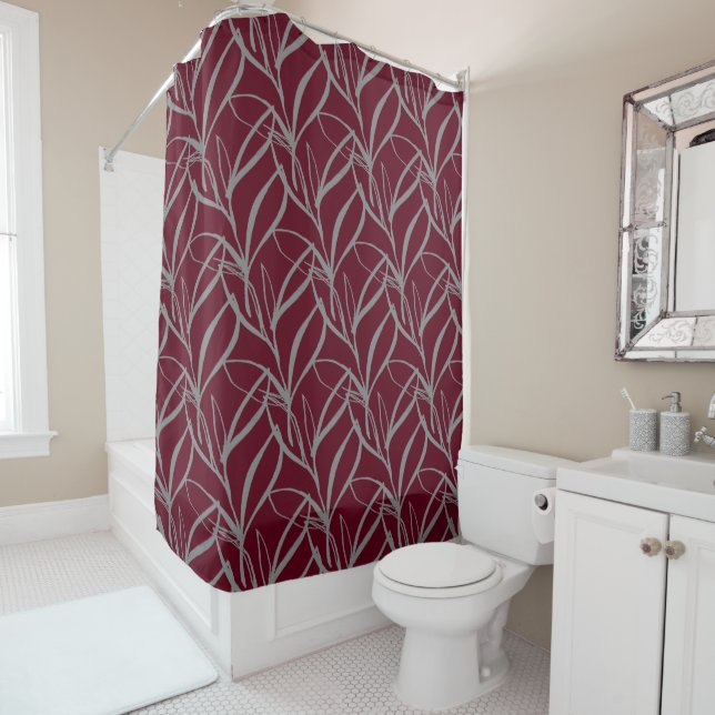 Burgundy Watercolor Leaves Shower Curtain (In Situ)