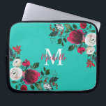 Burgundy Watercolor Peony Rose Floral  Monogrammed Laptop Sleeve<br><div class="desc">Burgundy watercolor botanical peony rose floral girly Laptop Sleeve. Burgundy, marsala, white watercolor peony roses, botanical floral chich design with dark green leaves and berries on aqua or turquoise background. Feature an elegant handwritten typography design with your name, Monogram and pretty fall, winter burgundy peony roses bouquet. Perfect choise for...</div>