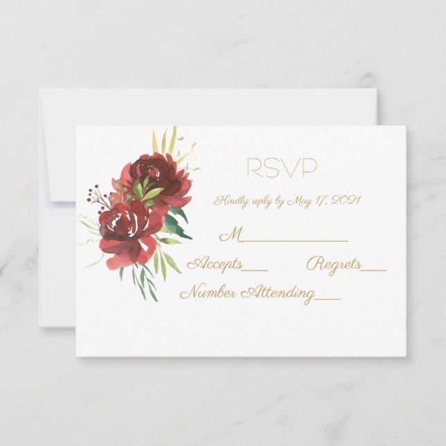 Burgundy Watercolor Rose Bouquet RSVP Card (Front)
