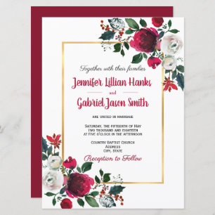 Burgundy watercolor rose floral gold frame wedding invitation