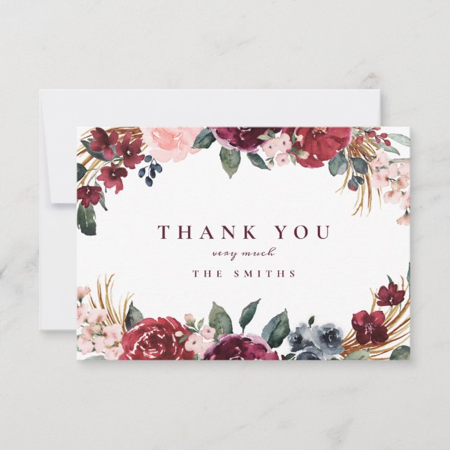 Burgundy watercolor rustic boho floral thank you (Front)