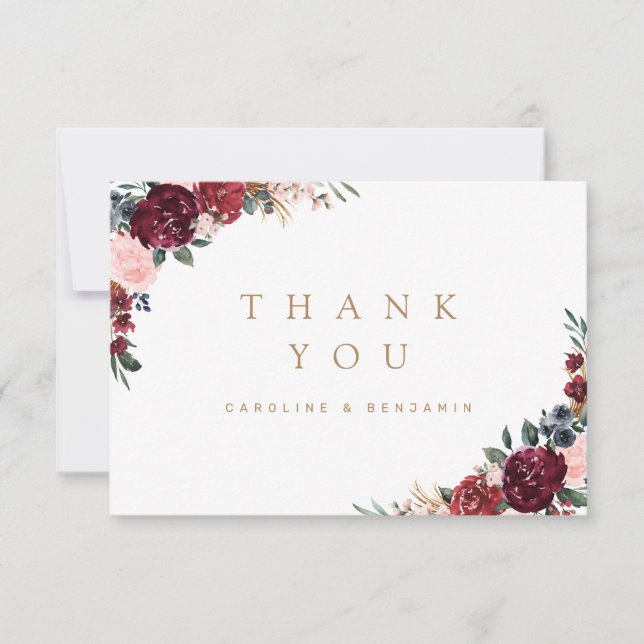 Burgundy watercolor rustic boho floral thank you (Front)