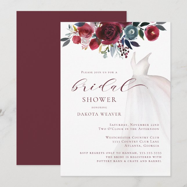 Burgundy Watercolor Wedding Dress Bridal Shower  Invitation (Front/Back)