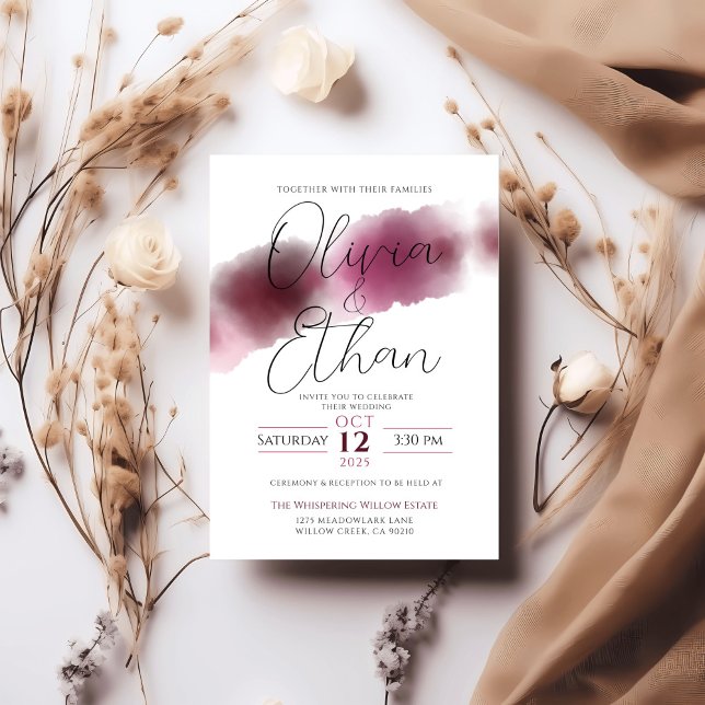 Burgundy Watercolor Wedding - Elegant Script Invitation (Creator Uploaded)