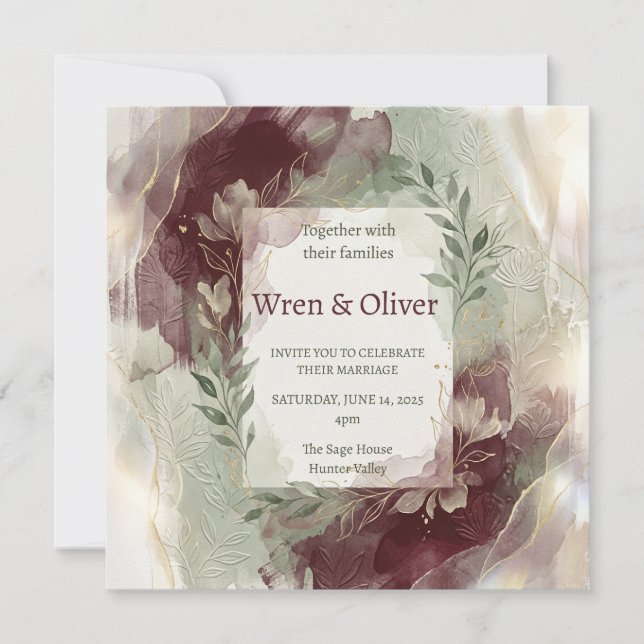 Burgundy Watercolor Wedding Invitation (Front)