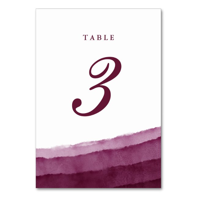 Burgundy Watercolor Wedding Table Number Cards (Front)