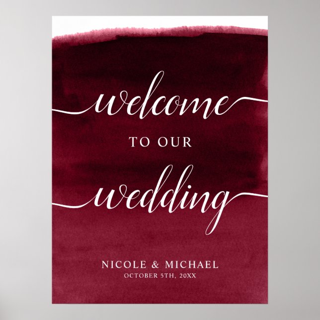 Burgundy Watercolor Wedding Welcome Sign Poster (Front)