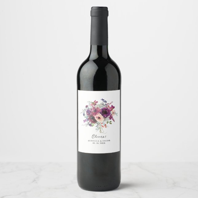 Burgundy Watercolor Wildflowers Boho Wedding Wine Label (Front)