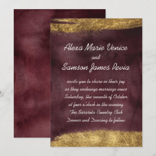 Burgundy Watercolor with Gold Invitation