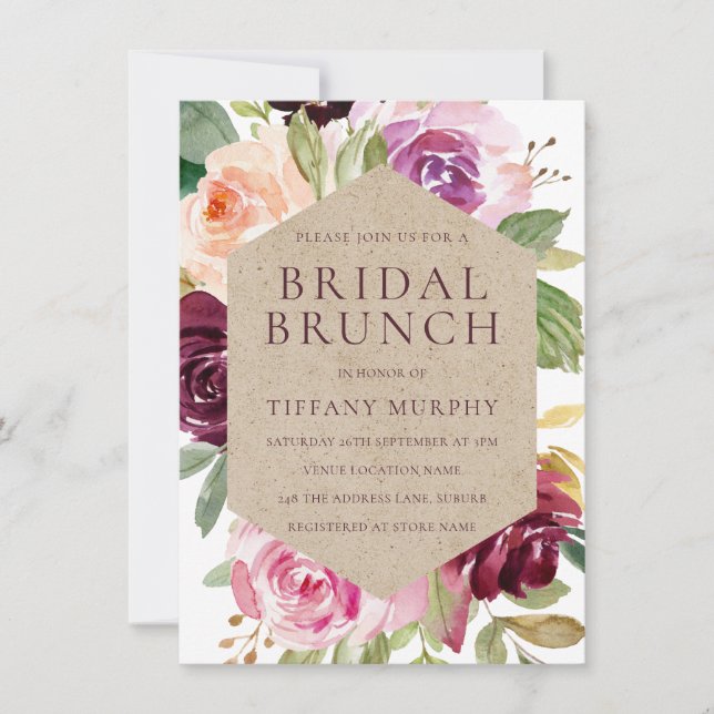 Burgundy Watercolor Wreath Bridal Shower Brunch Invitation (Front)