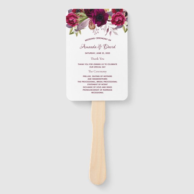 Burgundy watercolored floral wedding program hand fan (Front)