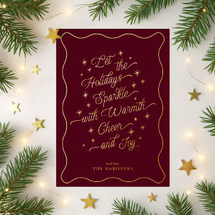 Burgundy Wavy Border Sparkle Modern Holiday card