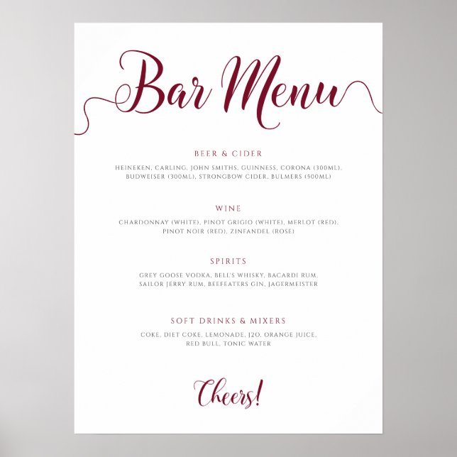 Burgundy Wedding Bar Menu Editable Drinks List Poster (Front)