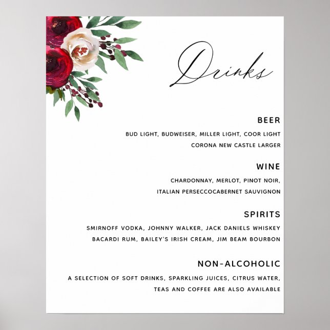 Burgundy Wedding Bar Menu Poster (Front)