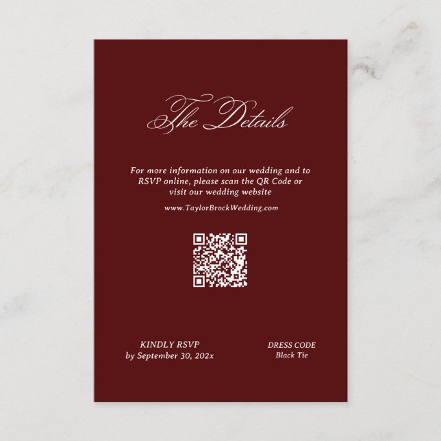 Burgundy Wedding Details Qr Code Enclosure Card (Front)