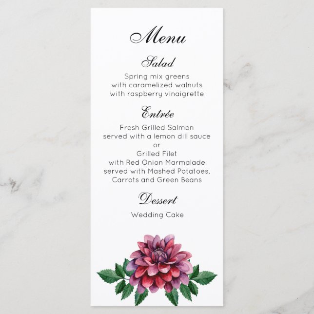 Burgundy wedding dinner menu. Dahlias menu party (Front)