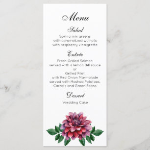 Burgundy wedding dinner menu. Dahlias menu party