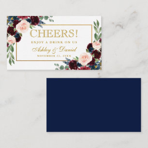 Burgundy Wedding Drink Ticket Card Blue Gold