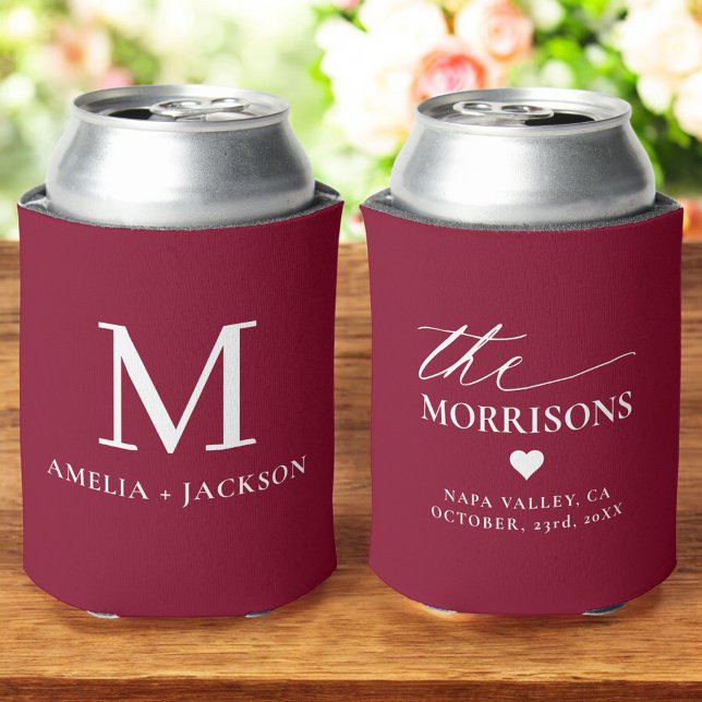 Burgundy Wedding Favour Monogram Name Heart Can Cooler (Creator Uploaded)