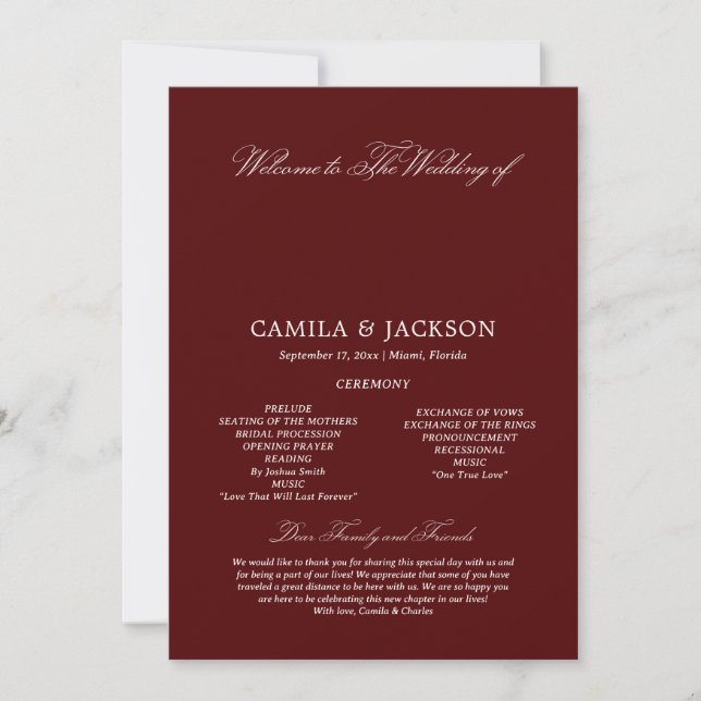  Burgundy Wedding Flat Program Invitation (Front)