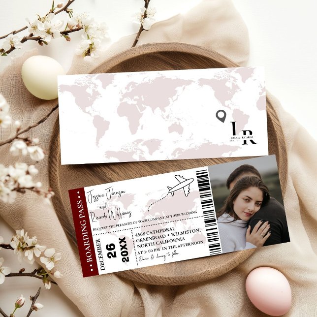Burgundy Wedding invitation Boarding pass ticket (Creator Uploaded)