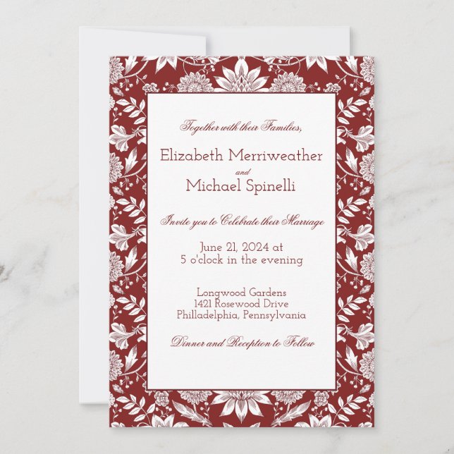 Burgundy Wedding Invitation, William Morris Style Invitation (Front)