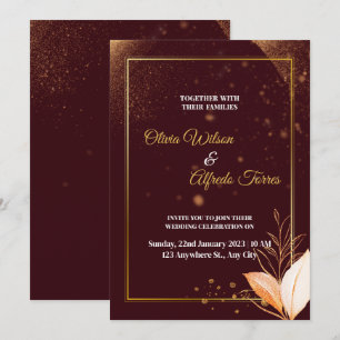 Burgundy wedding invitation with gold colours