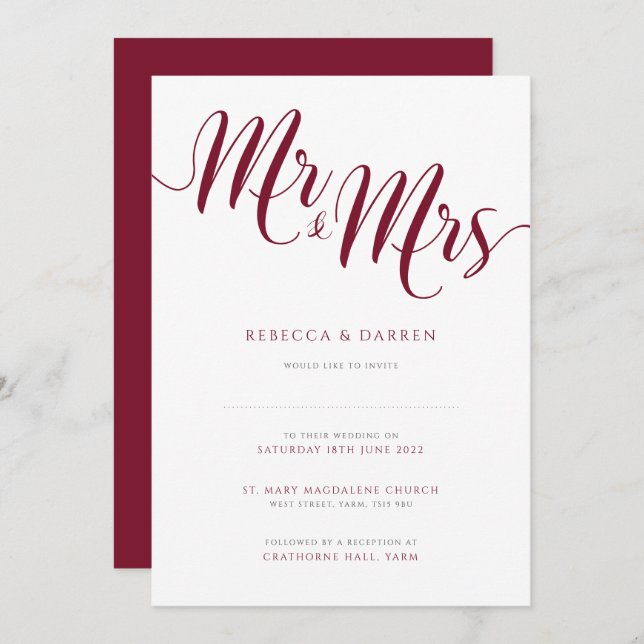 Burgundy Wedding Invitations Mr & Mrs Invites (Front/Back)