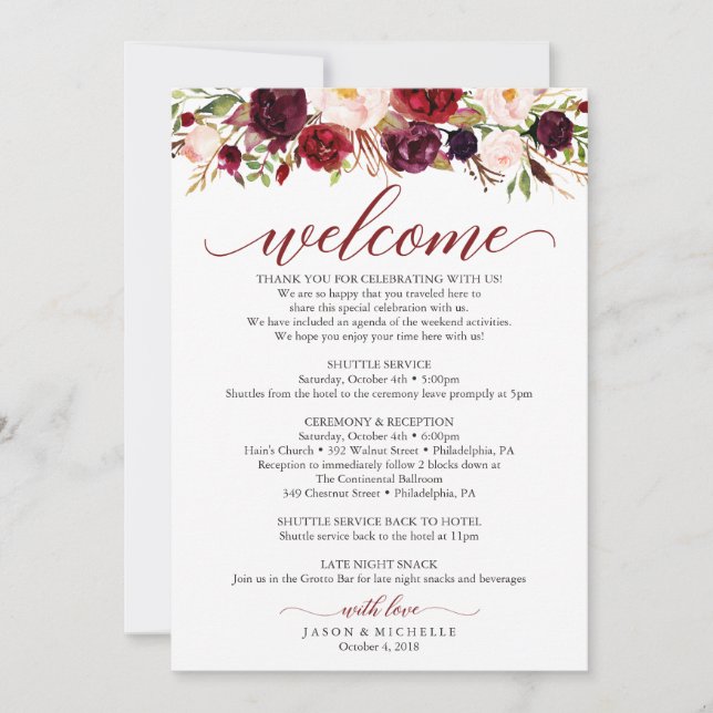 Burgundy Wedding Itinerary - Welcome Invitation (Front)