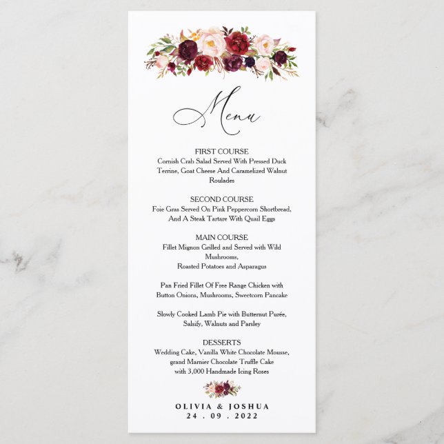 Burgundy Wedding Menu, Floral Menu (Front)