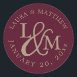 Burgundy Wedding Monogram Classic Round Sticker<br><div class="desc">wedding  feature your initials worked into a monogram design,  joined by a decorative script ampersand. Your names and wedding date appear in white lettering,  curved around the outside.</div>