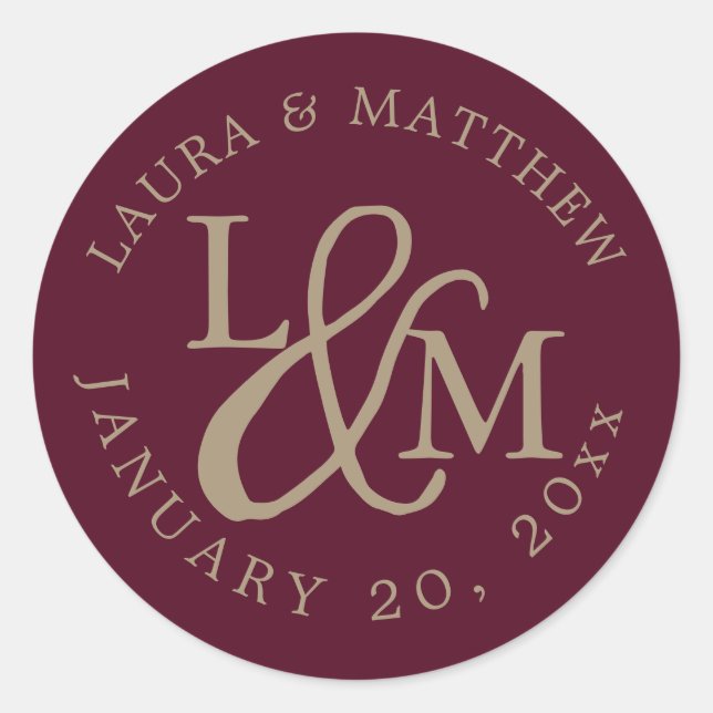 Burgundy Wedding Monogram Classic Round Sticker (Front)