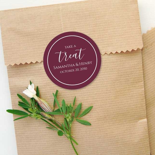 Burgundy Wedding Party Favor Treat Custom Classic Round Sticker (Creator Uploaded)