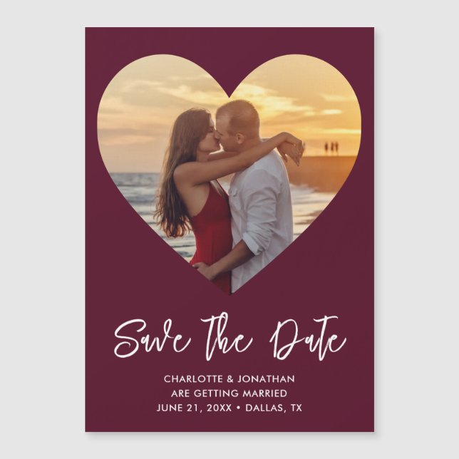 Burgundy Wedding Photo Save The Date Magnetic Card (Front)