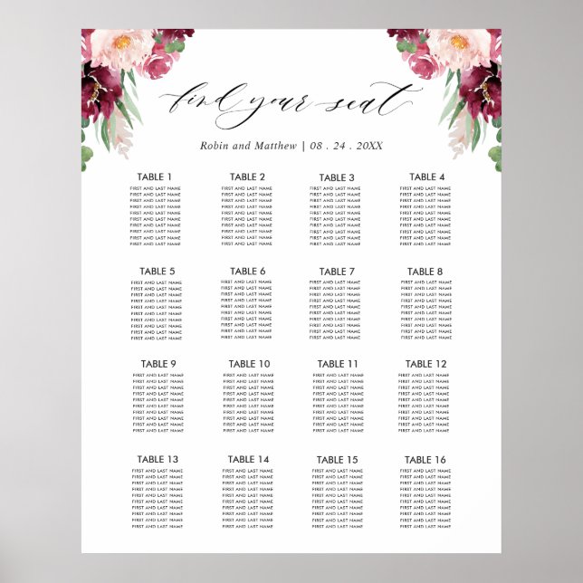 Burgundy Wedding Reception 16 Seating Chart Sign (Front)