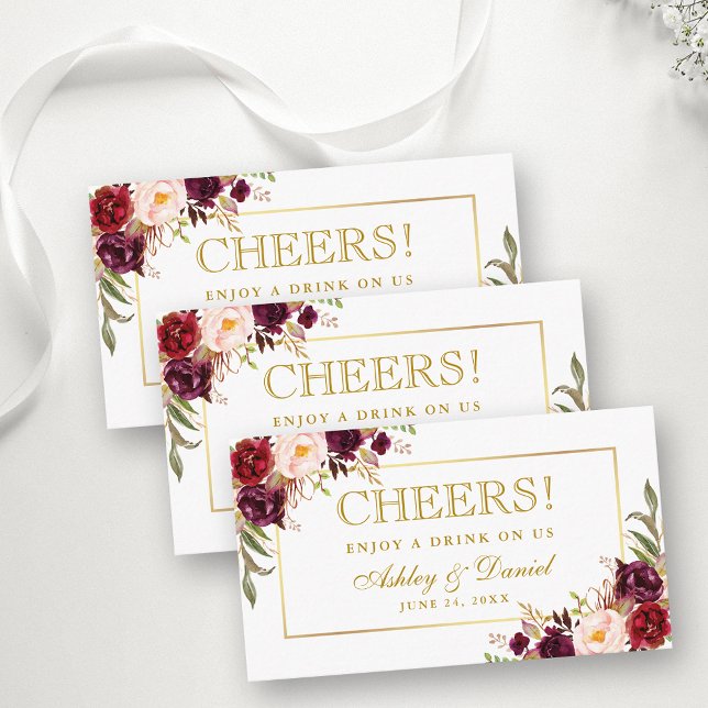 Burgundy Wedding Reception Drink Ticket Card Gold (Customize to change text color, style, size or to add more text to back of card.)