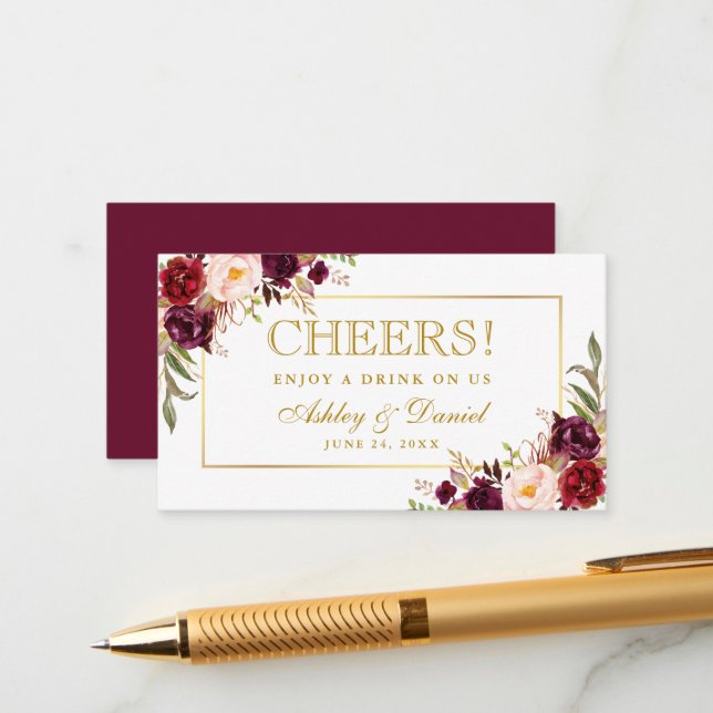 Burgundy Wedding Reception Gold Drink Ticket Card (Front/Back In Situ)