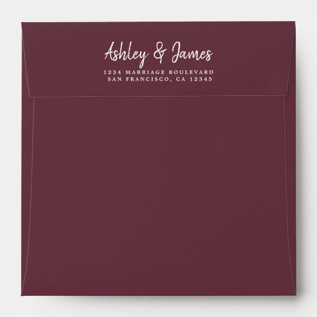 Burgundy Wedding Return Address Square Envelope (Back (Top Flap))