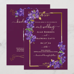 Burgundy Wedding RSVP QR Code Violets Gold Frame Invitation