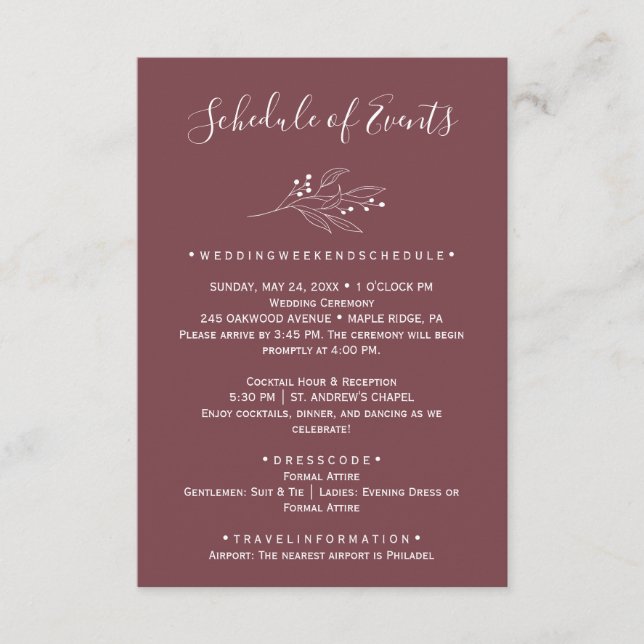 Burgundy Wedding Schedule Card (Front)