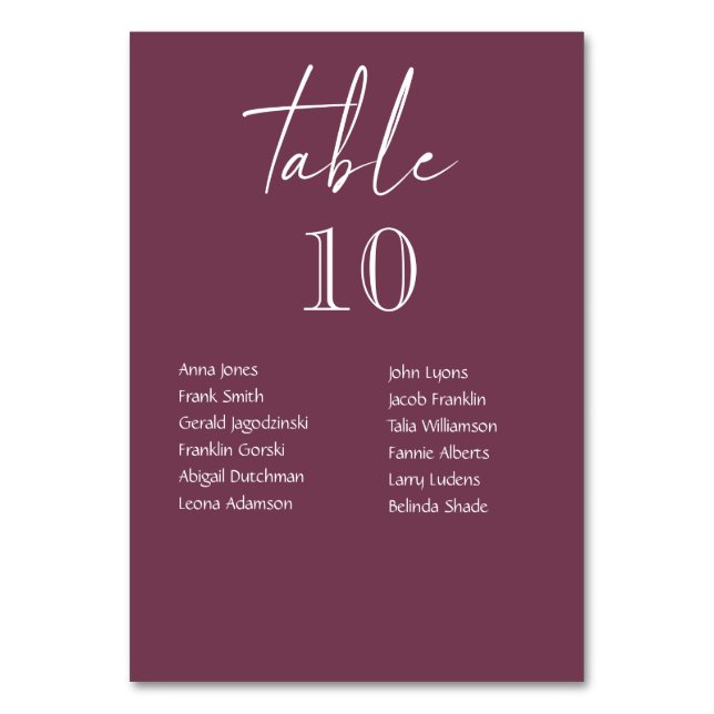 Burgundy Wedding Table Numbers With Guest Names (Front)